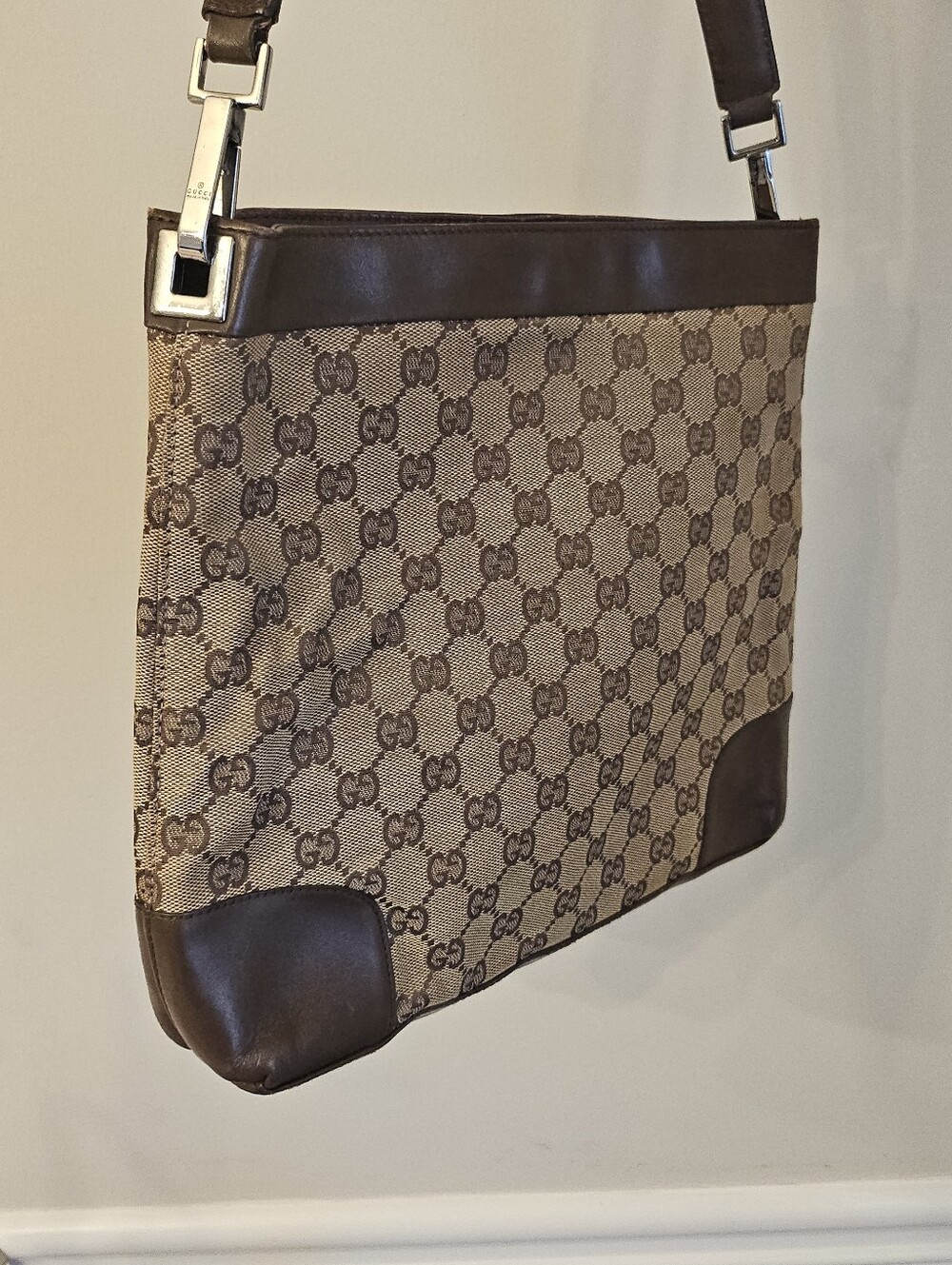 Gucci Vintage GG Canvas Brown Leather Shoulder Bag Hobo - Picture 11 of 14